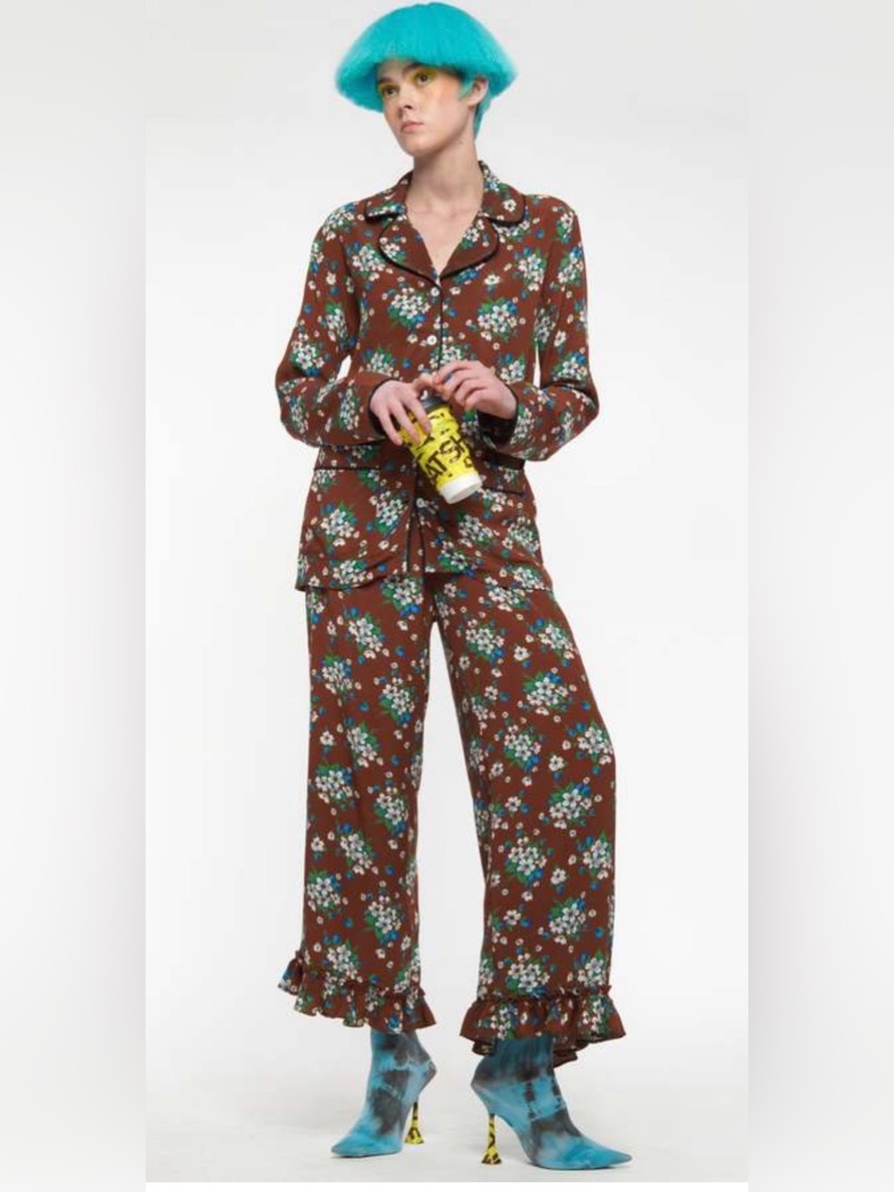 Batsheva Brown Lily Floral Pajama Set Size Small 2 Piece Ruffle Pants